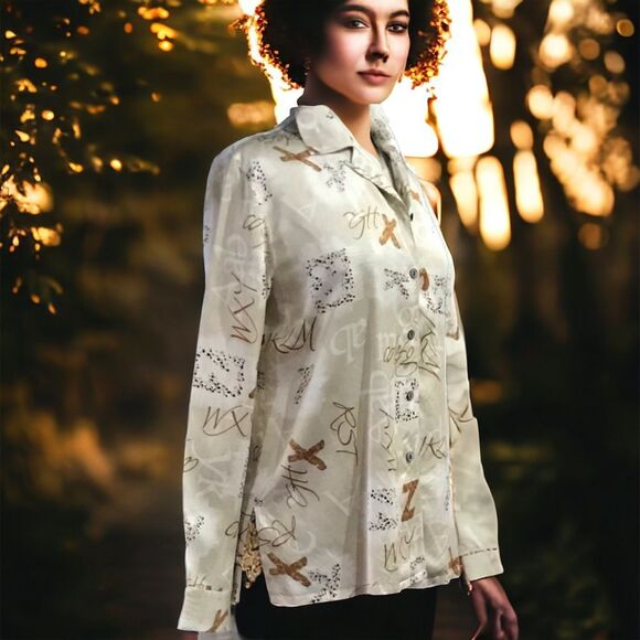 CITY SILK Button Down Long Sleeve Ivory Beige Tan Printed Blouse Sz M - Picture 2 of 5